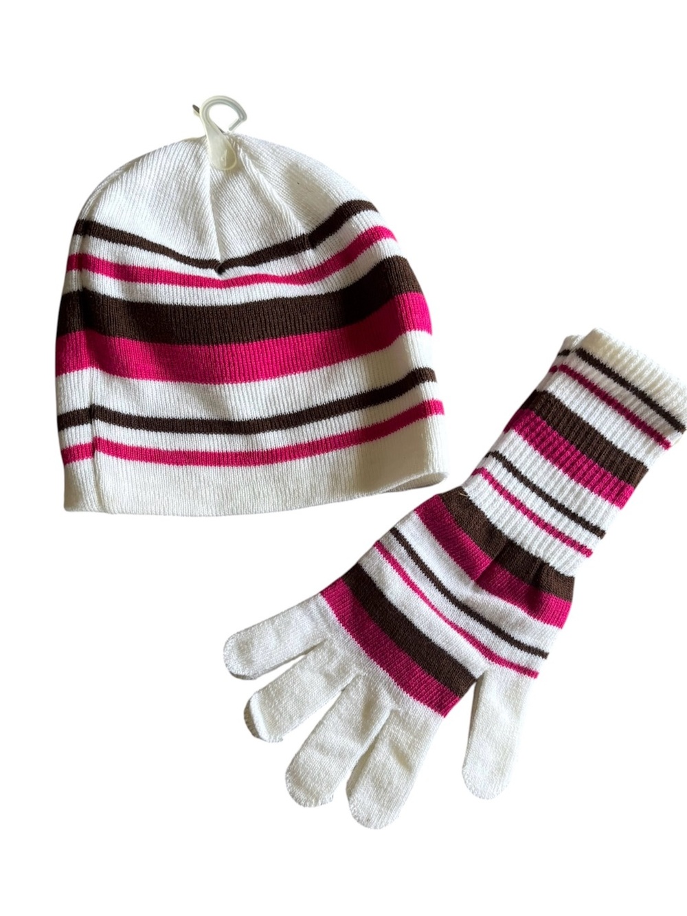 New Women’s Striped Beanie and Gloves Set - White, Pink & Brown